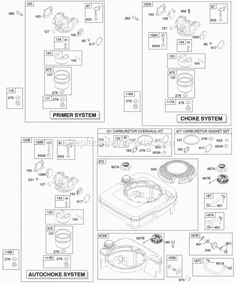 Carburetor Fuel Supply Diagram and Parts List for 125K02-0005-B1  Briggs and Stratton Engine